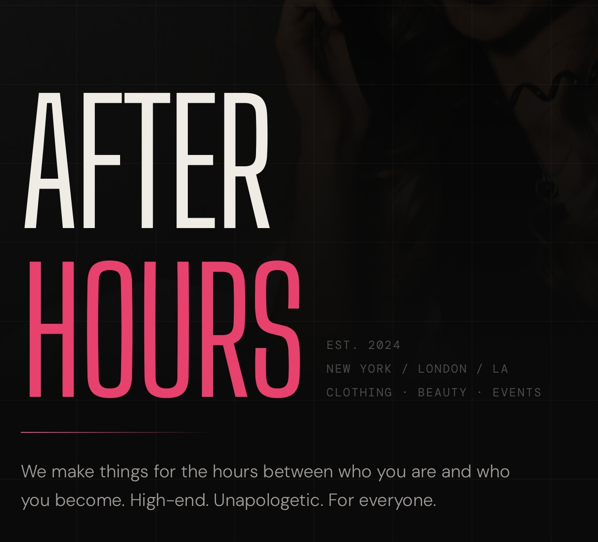 After Hours wordmark in tall condensed type, AFTER in white and HOURS in hot pink, on black