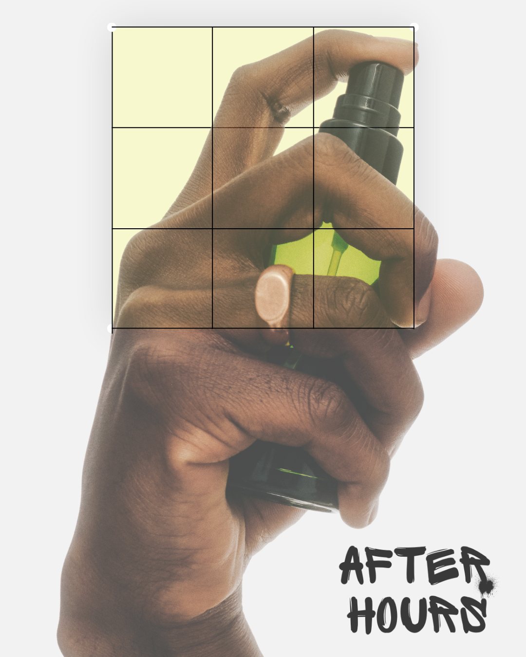 Hand gripping After Hours spray bottle with AFTER HOURS graffiti logo