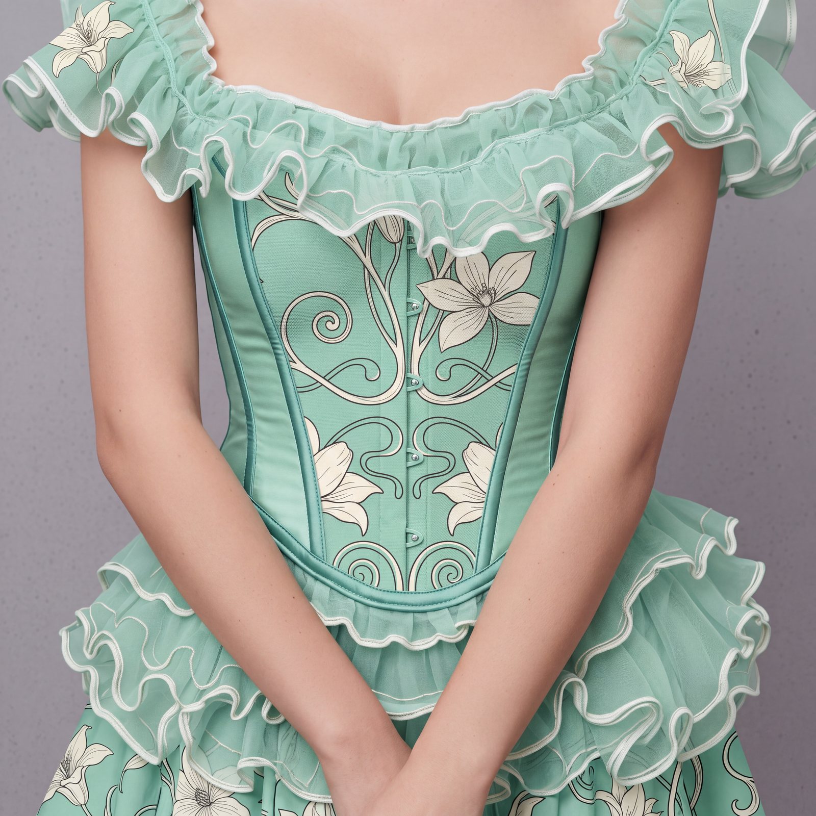 Mint green corset ballgown with botanical line embroidery and ruffled skirt