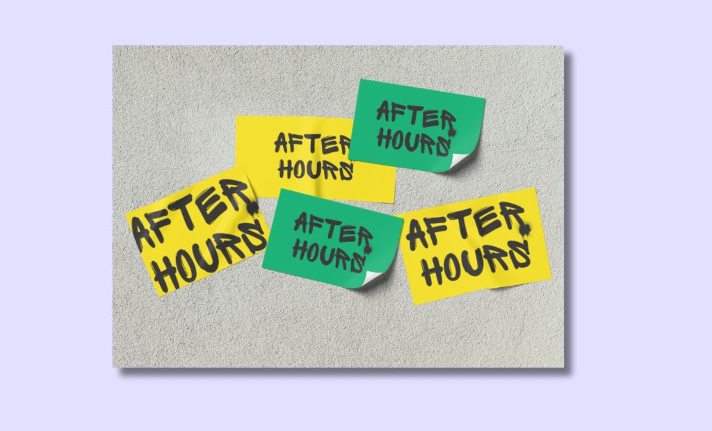After Hours stickers in yellow and green scattered on a textured wall