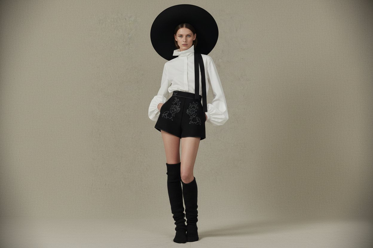 Model in wide-brim black hat, white billowy blouse and embroidered black shorts with knee-high boots
