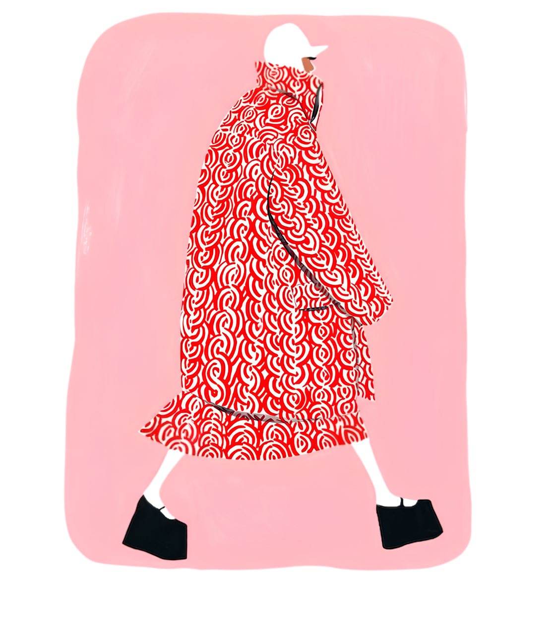 Fashion illustration: bold red swirl-print oversized coat and skirt on pink ground