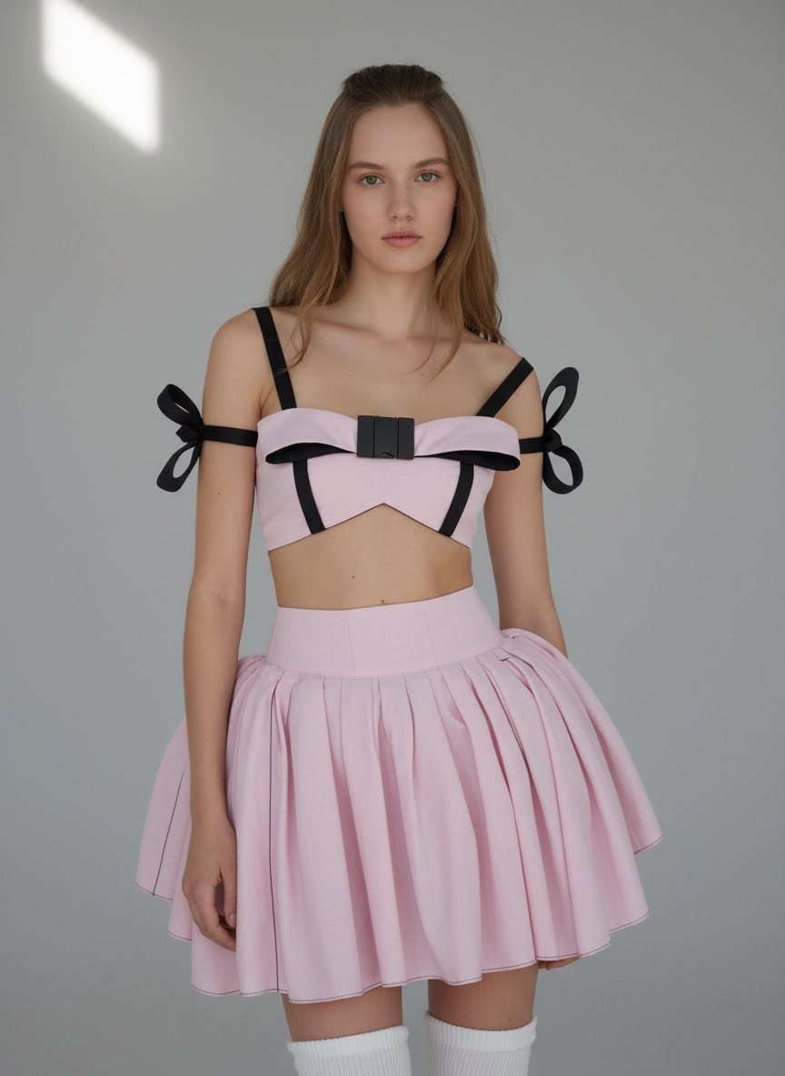 Model in pink bow crop top with black harness straps and pink pleated mini skirt