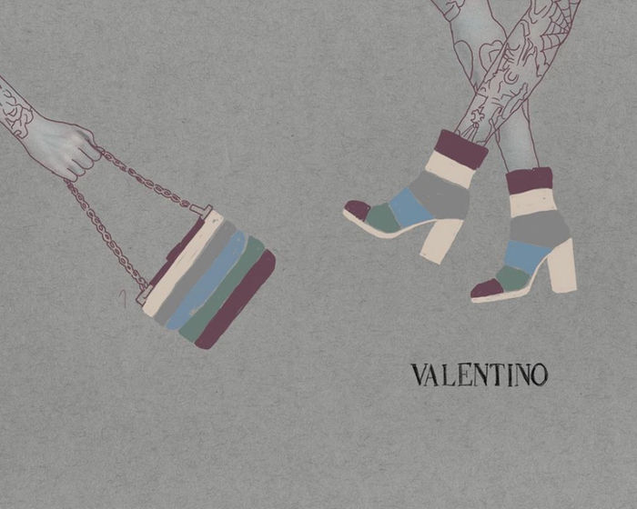Valentino illustration of a striped handbag and boots
