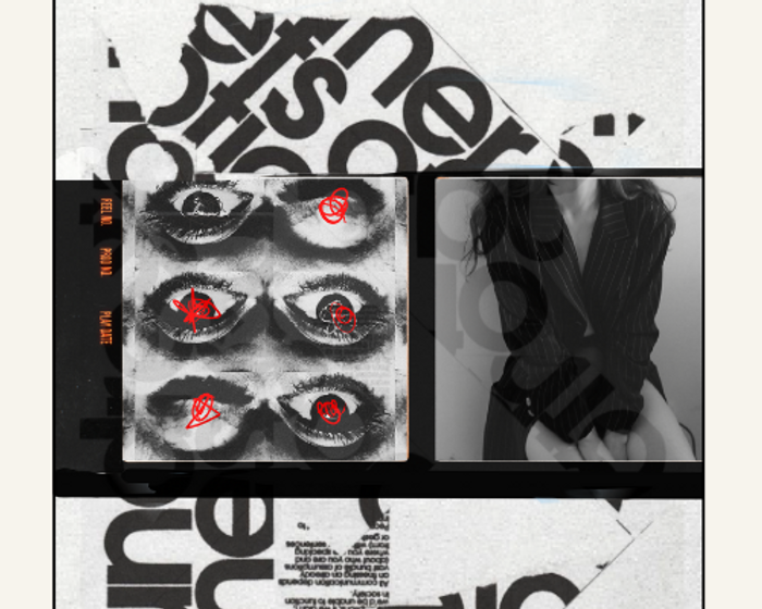 Black and white collage with eyes and type