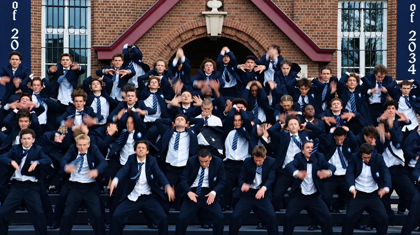 A large group of students in school uniform dancing in front of a brick building