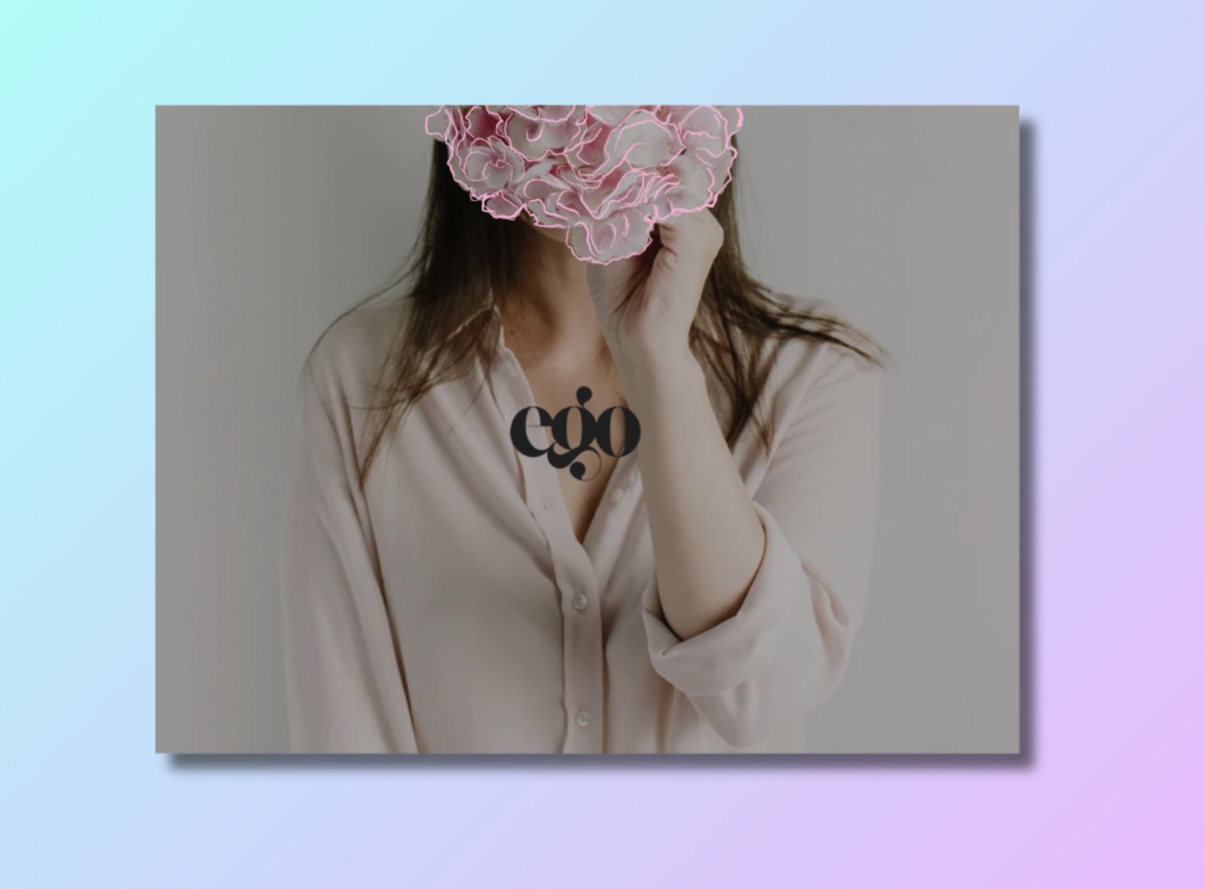 Ego logo in a black serif wordmark over a photo of a woman holding a pink carnation outlined in neon pink, on a blue to lilac gradient